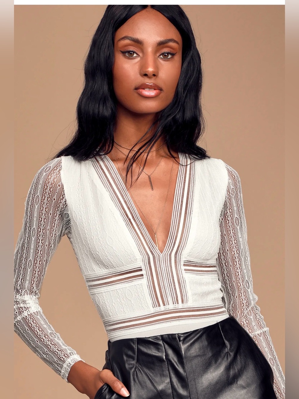 NWOT Lulu's Casita White Sheer Lace Long Sleeve Bodysuit